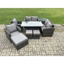 Fimous - pe Rotin Meubles De Jardin Ensemble Hauteur Réglable Ascenseur Table à Manger Chaises Inclinables Amour Canapé Avec Table D'appoint 3 Pieds