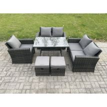 Fimous - Polyrattan Garten Esstisch Set Gartenmöbel Sofa mit Rechteckiger Esstisch Loveseat Sofa 2 kleine Fußhockern Dunkelgrau Gemischt