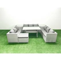 Polyrattan Gartenmöbel Set 10 Sitzer Garten Sofa Rechteckiger Esstisch Set mit Großer Fußhocker 2 Beistelltischen Hellgrau gemischt - Fimous