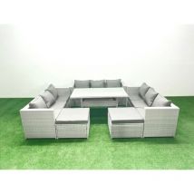 Polyrattan Gartenmöbel Set 11 Sitzer Garten Sofa Rechteckiger Esstisch Set Mit 2 Großer Hockern Hellgrau Gemischt - Fimous