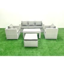 Polyrattan Gartenmöbel Set 5 Stücke Outdoor Garten Sofa Rechteckiger Couchtisch Set mit 2 Sesseln Hocker Hellgrau gemischt - Fimous