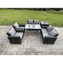 Fimous - Polyrattan Gartenmöbel Set 6-Sitzer Polyrattan Garten Sofa im Freien Set mit Rechteckiger Esstisch Loveseat Sofa Beistelltisch Dunkelgrau