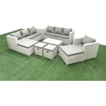 Polyrattan Gartenmöbel Set 9 Stücke Garten Sofa Stuhl Couchtisch Set Mit Beistelltisch 4 Hockern Hellgrau Gemischt - Fimous