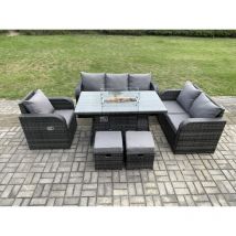 Fimous - Polyrattan Gartenmöbel Set mit Gasfeuerstelle Esstisch 8-Sitzer Garten Sofa im Freien Set Dunkelgrau Gemischt