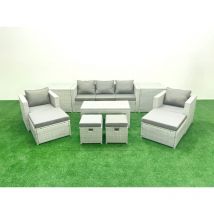 Fimous - Polyrattan Gartensofa Set Couchtisch 4 Hockern 2 Beistelltischen Hellgrau gemischt 9-Sitzer