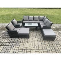 Fimous - Rattan Corner Sofa Garden Furniture Set with 2 Big Footstool Rectangular Coffee Table 2 Armchairs with Cushion Dark Grey Mixed