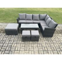 Fimous - Rattan Corner Sofa Garden Furniture Set with 3 Footstools Rectangular Coffee Table with Cushion Dark Grey Mixed