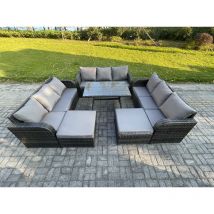 Fimous Rattan Garden Furniture Dining Set 11 seater Patio Rectangular Table 2 Big Footstool Dark Grey Mixed