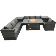 Rattan Garden Furniture Firepit Dining Set 7 Seater Lounge Sofa Table Set with 2 side table - Fimous