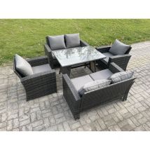 Fimous Rattan Garden Furniture Set 6 Seater Patio Outdoor Lounge Sofa Set with Rectangular Dining Table Love Seat Sofa Dark Grey Mixed