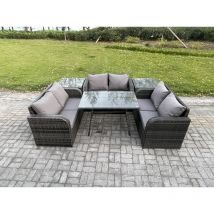 Fimous Rattan Garden Furniture Set 6 Seater Patio Outdoor Love Sofa Set with Rectangular Dining Table 2 Side Tables Dark Grey Mixed