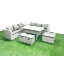 Fimous Rattan Garden Furniture Set 9 Seater Outdoor Sofa Set with Dining Table Side Table 3 Footstools Light Grey Mixed