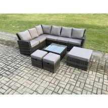 Fimous - Rattan Garden Furniture Set Outdoor Lounge Corner Sofa Set With Square Coffee Table 3 Footstools 9 Seater Dark Grey Mixed
