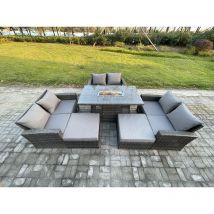 Fimous - Rattan Garden Furniture Set Outdoor Lounge Sofa Chair Gas Fire Pit Dining Table Set With 2 Big Footstool Double Seat Sofa Armchiar