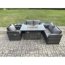 Salon de jardin en rotin avec Table de foyer à gaz,2 Tables d'appoint 6 piece Love Sofa set - Fimous