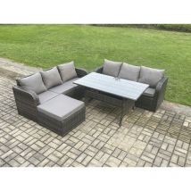 Fimous Rattan Garden Furniture Set with Oblong Rectangular Dining Table Big Footstool 4 Pieces Outdoor Lounge Sofa Set Dark Grey Mixed