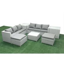 Rattan Garden Outdoor Furniture Set 8 Seater Rattan Garden Sofa Set with 2 Big Footstools 2 Side Tables Light Grey Mixed - Fimous