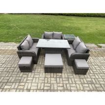 Fimous - Rattan Garten Möbel Set Einstellbarer Aufsteigenderr Esstisch mit Beistelltisch 3 Fußhocker