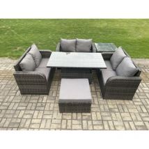 Salon de jardin en rotin 3 pièces Love Sofa et Table à manger réglable en hauteur avec Tables d'appoint grand tabouret - Fimous