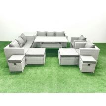 Rattan Gartenmöbel Essgarnitur 12 Sitzer Lounge Sofa Stuhl Esstisch Set mit 4 Hockern Beistelltisch Hellgrau gemischt - Fimous