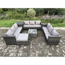 Salon de jardin en rotin 10 places avec Tables d'appoint Table basse carrée grand tabouret Mélange gris foncé - Fimous