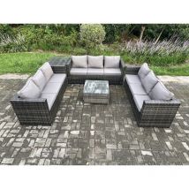 Salon de jardin en rotin 9 places avec Tables d'appoint Table basse carrée Mélange gris foncé - Fimous