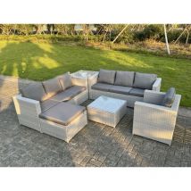 Fimous - Rattan Gartenmöbel Set mit 3-Sitzer Sofa Sessel Beistelltisch Couchtisch Großer Fußhocker Helles Grau