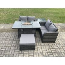 Salon de jardin en rotin avec Gas Fire Pit Table 5 Pièces Love Sofa Set Mélange gris foncé - Fimous