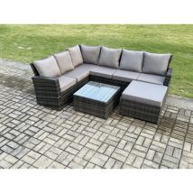 Rattan Gartenmöbel-Set Outdoor Lounge Ecksofa Set mit Quadratischer Couchtisch Großer Fußhocker 7 Sitzer Dunkelgrau gemischt - Fimous