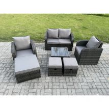 Salon de jardin en rotin 7 Piece avec Love Sofa Table basse carrée 3 Tabourets - Fimous