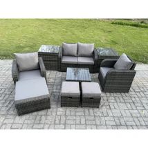 Salon de jardin en rotin 9 Piece avec Love Sofa Table basse carrée 3 Tabourets 2 Tables d'appoint - Fimous