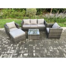 Salon de jardin en rotin avec 2 Fauteuils Table basse carrée grand tabouret Mélange gris foncé - Fimous