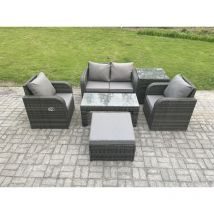 Rattan Lounge Sofa Set Outdoor Garden Furniture Set with Rectangular Coffee Table Big Footstool Love Sofa Side Table Dark Grey Mixed - Fimous