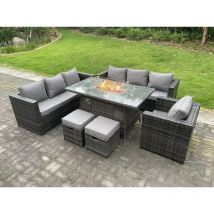 Fimous - Rattan Meubles De Jardin Ensemble Canapé Terrasse Extérieure Foyer Au Gaz Table à Manger Chauffage Au Gaz Brûleur Avec Fauteuil 2 Petits