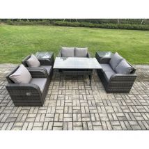 Fimous Rattan Outdoor Furniture Garden Dining Set Rectangular Table and Chair Sofa Set With 2 PC Side Tables Dark Grey Mixed