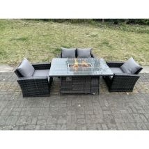 Fimous Rattan Outdoor Furniture Gas Fire Pit Rectangle Dining Table Gas Heater Chairs Two Seater Love Sofa Sets 4 Seater