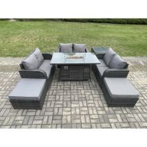 Fimous Rattan Outdoor Garden Furniture Sofa Set Gas Fire Pit Dining Table Gas Heater with Side Table Love Sofa 2 Big Footstool Dark Grey Mixed
