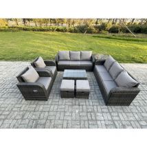 Rattan Outdoor Garden Furniture Sofa Set Patio Table & Chairs Set with 3 Seater Sofa Reclining Chair Side Table 2 Small Footstools Dark Grey Mixed