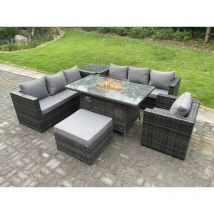Fimous - Rotin Meubles De Jardin Canapé 8 Places Ensemble Patio Extérieur Cheminée à Gaz Table à Manger Chauffage Au Gaz Brûleur avec Table D'appoint