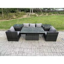 Fimous - Rotin Meubles de Jardin Ensemble Canapé D'extérieur Table Élévatrice Réglable Salle à Manger de 2 Fauteuils 2 Tables D'appoint Mélange Gris