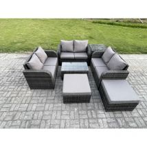 Fimous Salon de jardin 8 places Ensemble de canapés en rotin avec Canapé d'amour Table basse Table d'appoint 2 Grand tabourets Gris foncé mixte