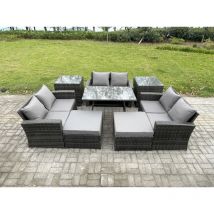 Salon de jardin avec Table à manger rectangulaire Canapé 2 places 2 Grand tabourets 2 Tables d'appoint Gris foncé mixte - Fimous
