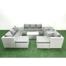 Salon de Jardin en rotin avec 2 Fauteuil Table basse oblongue 2 Grand tabourets 2 Tables d'appoint Gris clair mixte - Fimous