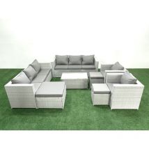 Salon de Jardin en rotin avec 2 Fauteuil Table basse oblongue 3 Tabourets Gris clair mixte - Fimous