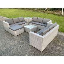 Fimous - Salon de Jardin Ensemble 10 places Ensemble de canapé en rotin ave Canapé 3 places Table d'appoint Table basse Carrée Grand Tabourets Gris
