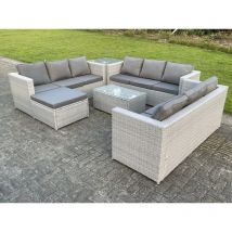 Salon de Jardin Ensemble 10 places Ensemble de canapé en rotin ave Canapé 3 places Table d'appoint Table basse Grand Tabourets Gris Clair - Fimous
