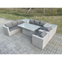Salon de Jardin Exterieur Table à manger réglable en hauteur ave canapé 2 Fauteuil 2 Table d'appoint Gris Clair - Fimous