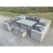 Salon de Jardin Exterieur Table à manger réglable en hauteur ave canapé 2 Fauteuil 2 Table d'appoint Petit Tabourets Gris Clair - Fimous
