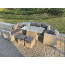 Salon de Jardin Exterieur Table à manger réglable en hauteur ave canapé Fauteuil Table d'appoint Petit Tabourets Gris Clair - Fimous
