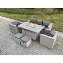 Table de foyer à gaz Ensemble de meubles de jardin en rotin ave canapé 2 Fauteuil Tabourets Gris Clair - Fimous